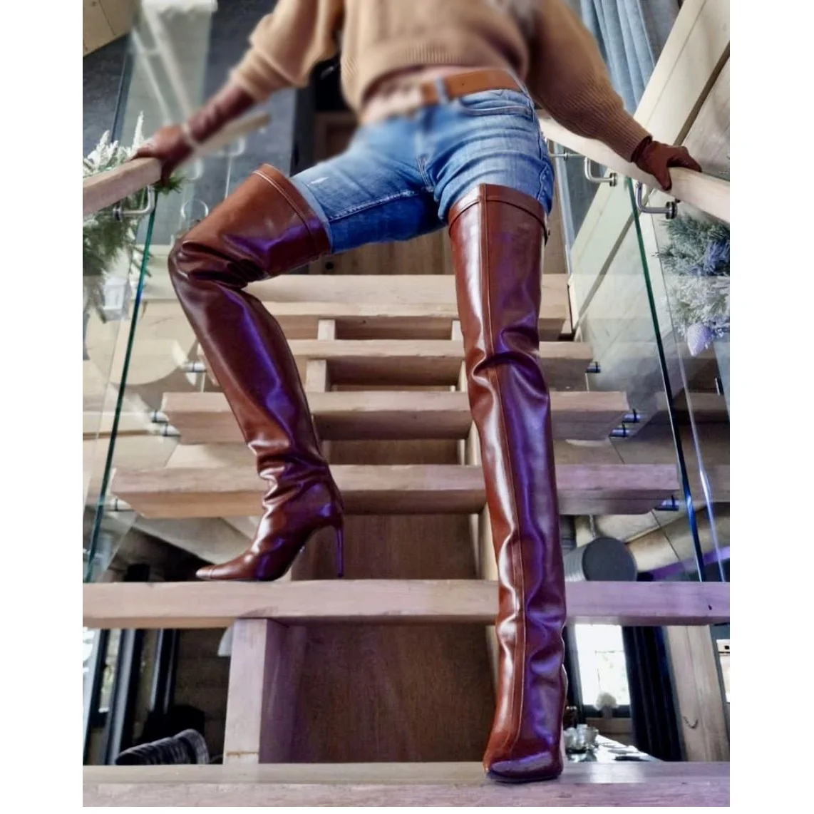 الأزرق فوق الركبة ماتي الأحذية الجلدية رقيقة عالية الكعب أشار تو موضة مثير 2025 الشتاء أحذية امرأة كبيرة الحجم Zapatillas Mujer