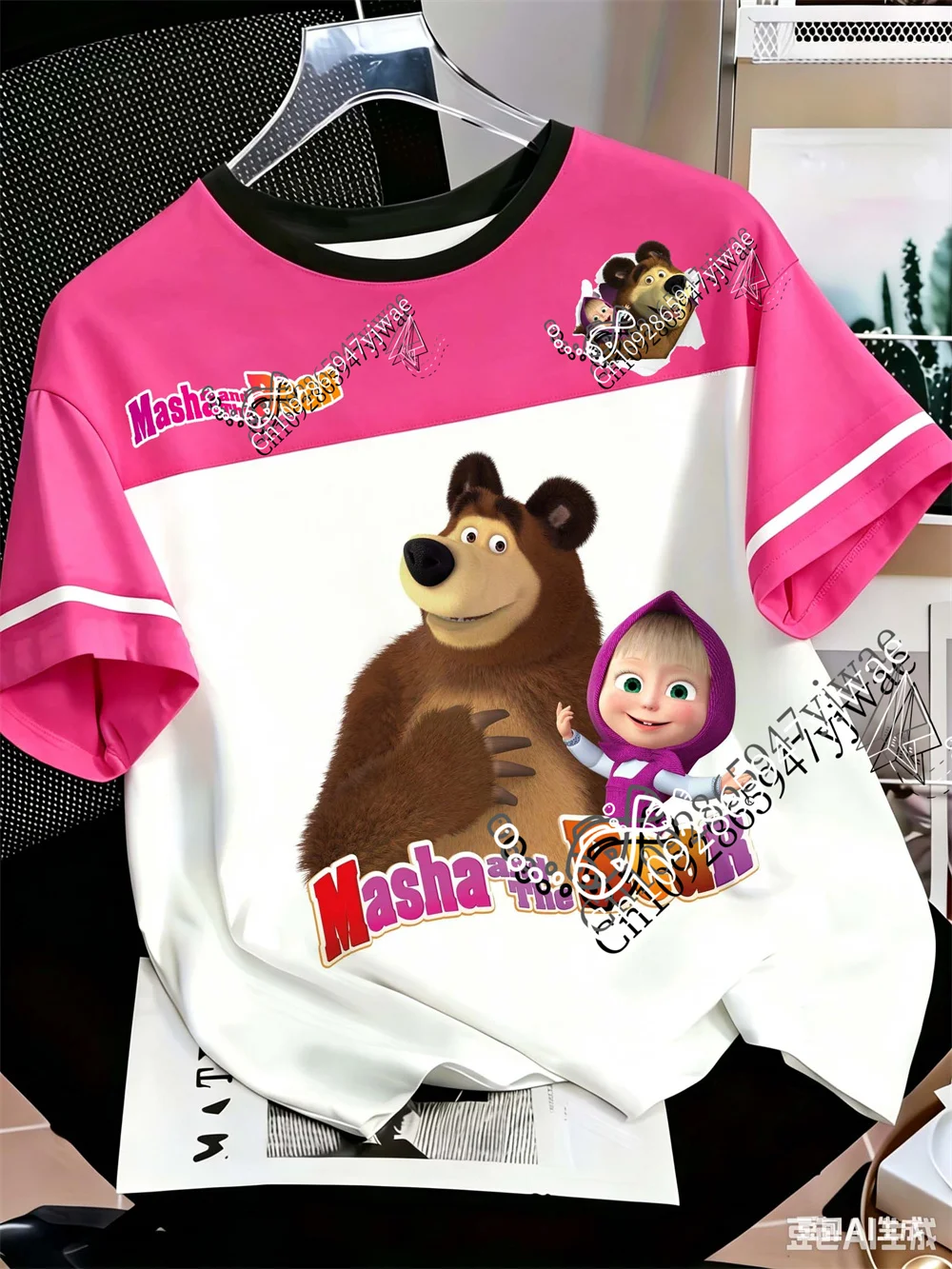 Mascha und der Bär Cartoon-Druck Jersey Rundhals Modisches Streetwear T-Shirt für Jungen und Mädchen Sommer Erwachsenen T-Shirt – Detail 4