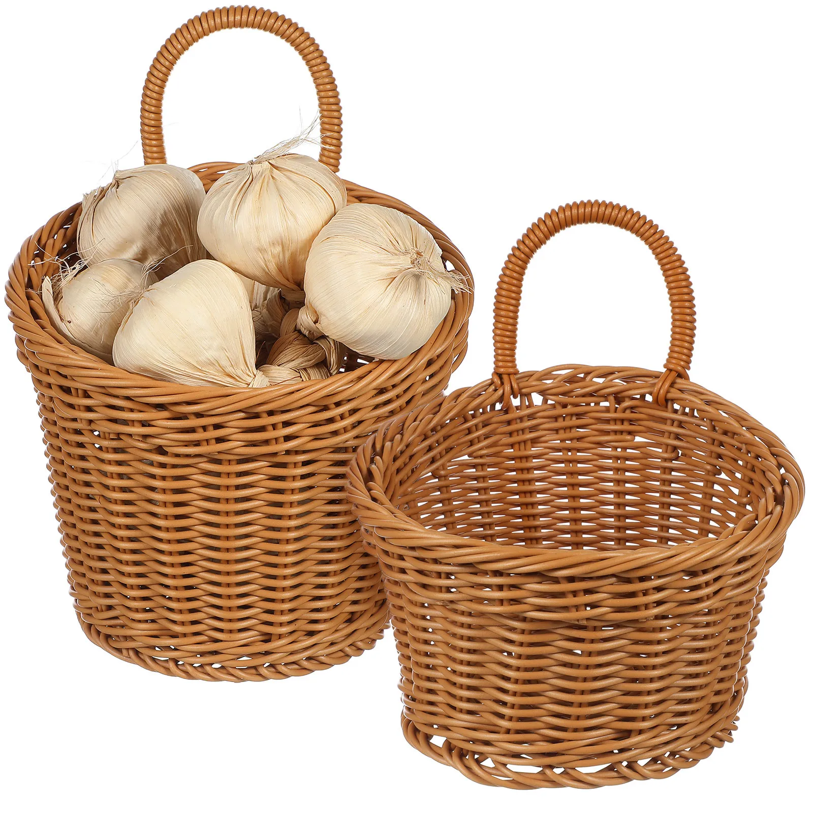 

2pcs Wall Hanging Woven Storage Basket For Kitchen Vegetable Garlic Ginger Organizer Large Capacity Space Saving Baskets