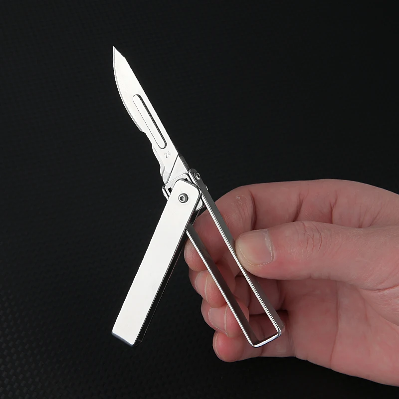 New Stainless Steel Folding Scalpel Portable Mini Key Chain EDC Outdoor Box Opening Pocket Knife with 10 Replaceable 24 # Blades