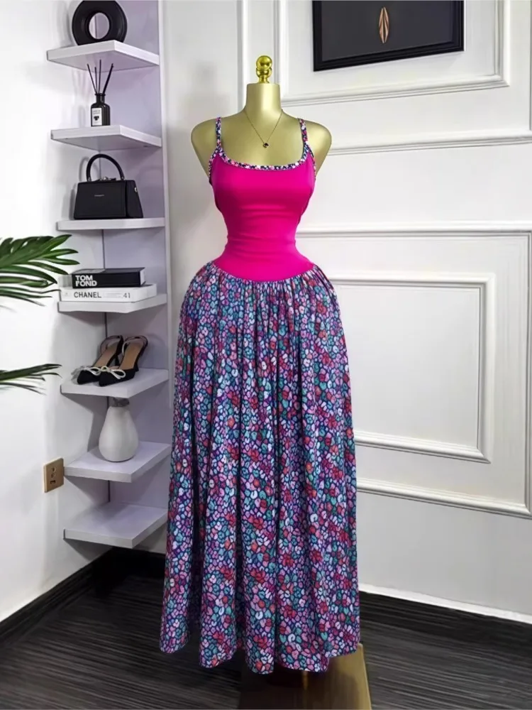 

Bohemia Vintage Fashion Floral Print Dress Woman's Summer Leisure Beach Halter Long Dress Ladies Elegant Color Matching Vestidos