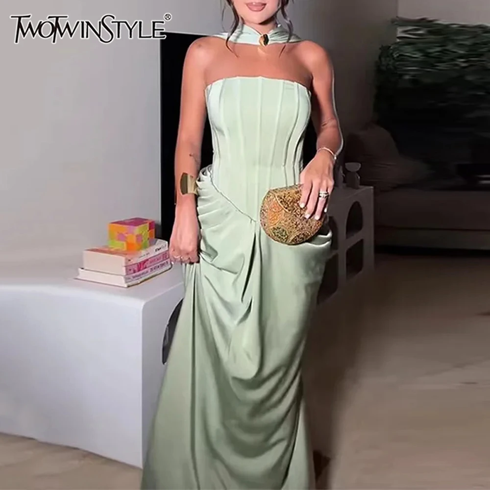 TWOTWINSTYLE Evening Prom Bodycon Maxi Dresses for Women Strapless Sleeveless High Waist Patchwork Ribbon Dress Female New Style