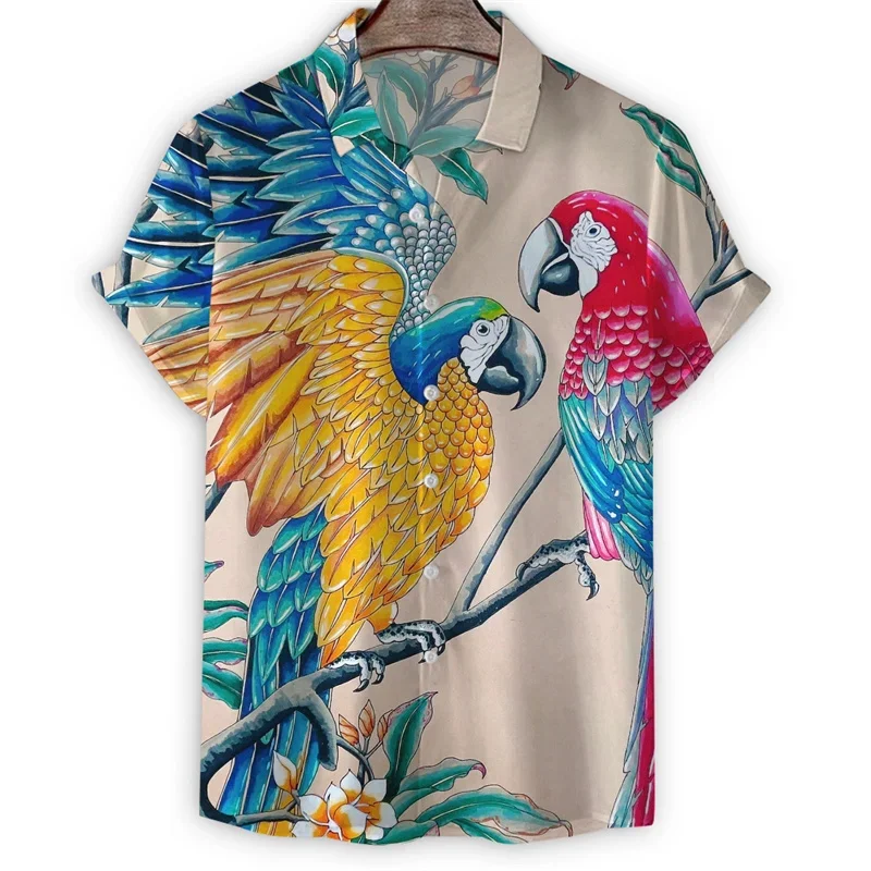 Camisa havaiana de praia colorida com estampa 3D masculina, animal, pássaro, papagaio, legal, manga curta, blusa de lapela, verão