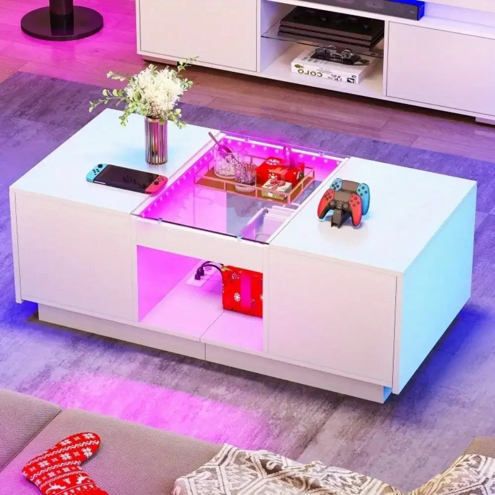 Modern LED Coffee Table with Power Outlets Drawers Living Room Table