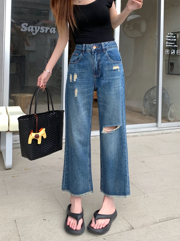 

Синие свободные джинсы с высокой талией, прямые брюки, женские летние тонкие широкие брюки, большие размеры, рваные джинсы с девятью очками, Skinnifng