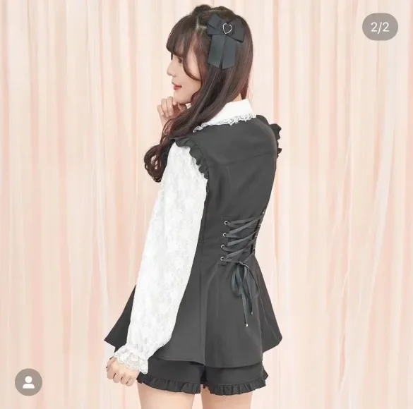 Japanese New Lolita Cute Sweet Bow Lace Patchwork Long Sleeve Shirt Blouse and Shorts Two Peice Set Spring Summer Shorts Outfits