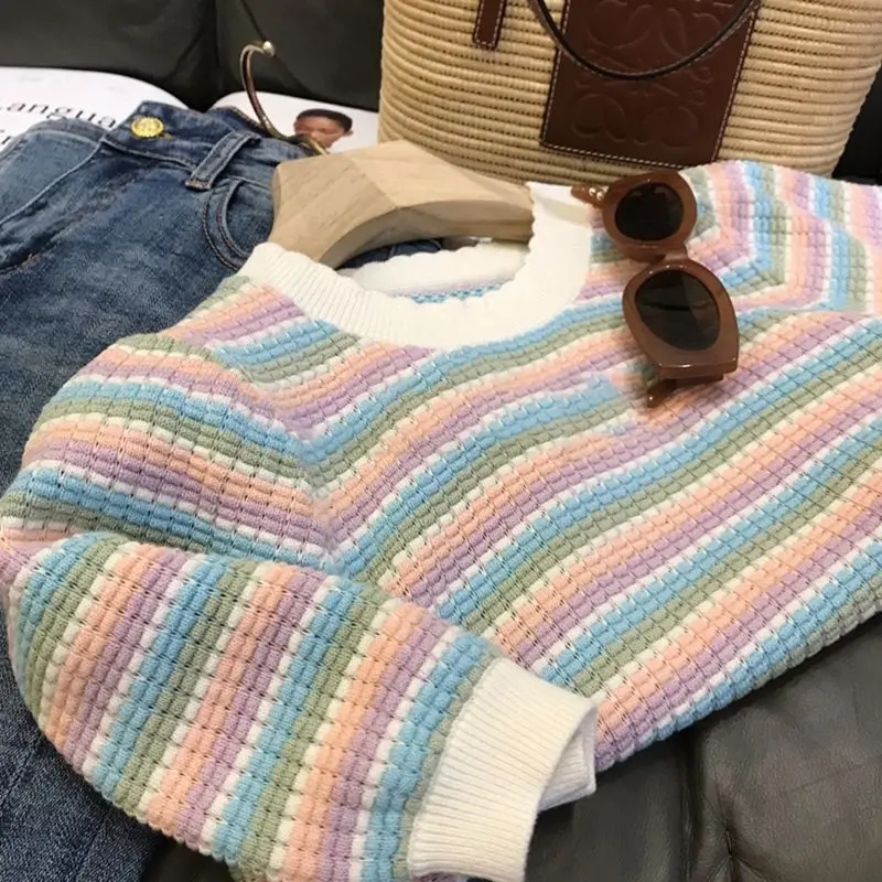 Matakawa Knitted Thin T Shirt for Women Stripes Puff Sleeve Spring Summer Sweet Ropa De Mujer Korean Fashion Retro Chic Tees