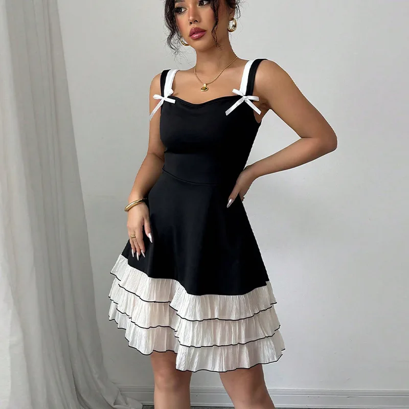 Women's Summer New European and American Suspender Dress Color Contrast Multi-Layer Cake Skirt Ropa Mujer