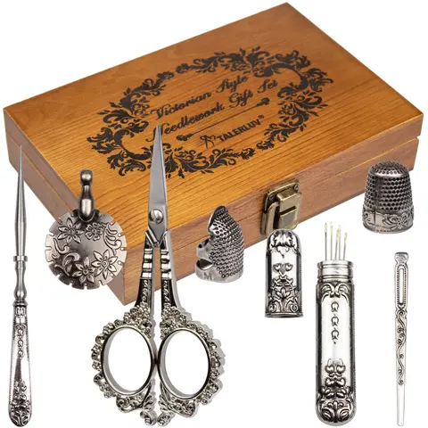 Complete Vintage European‑Style Sewing Kit,Retro Wood Box Sewing Set with Antique Embroidery Scissors and Needles for DIY Craft