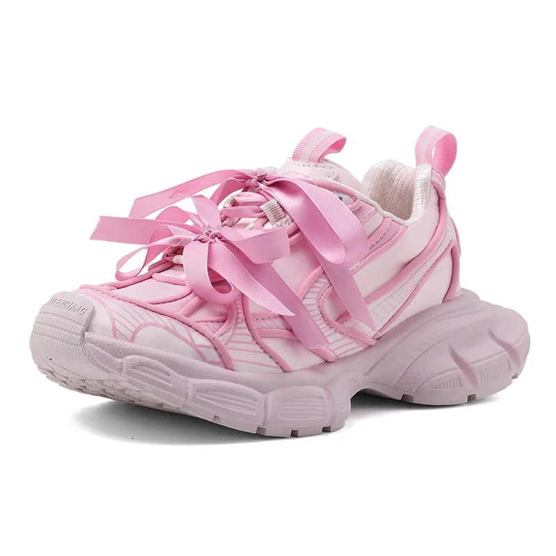 Adult Girls Pink Butterfly Tie Sneakers Couple Outdoor Vintage Breathable Daddy Shoes Thick Sole 3XL Lace Mesh Casual Shoe 35-40