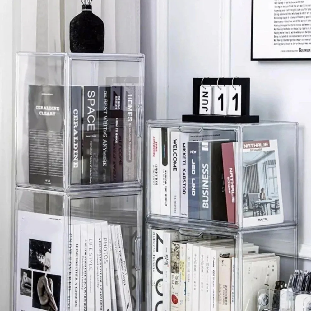 

New Transparent Book Storage Box Dustproof Large Capacity Bookcase Stackable Display Stand Makeup Organizer