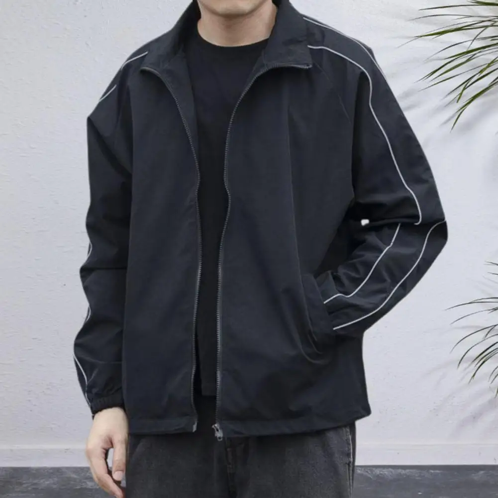 Men Black Lapel Jacket Korean Style Windbreaker Stylish Men's Windbreaker Jackets with Lapel Striped Sleeves Zipper Closure Coat