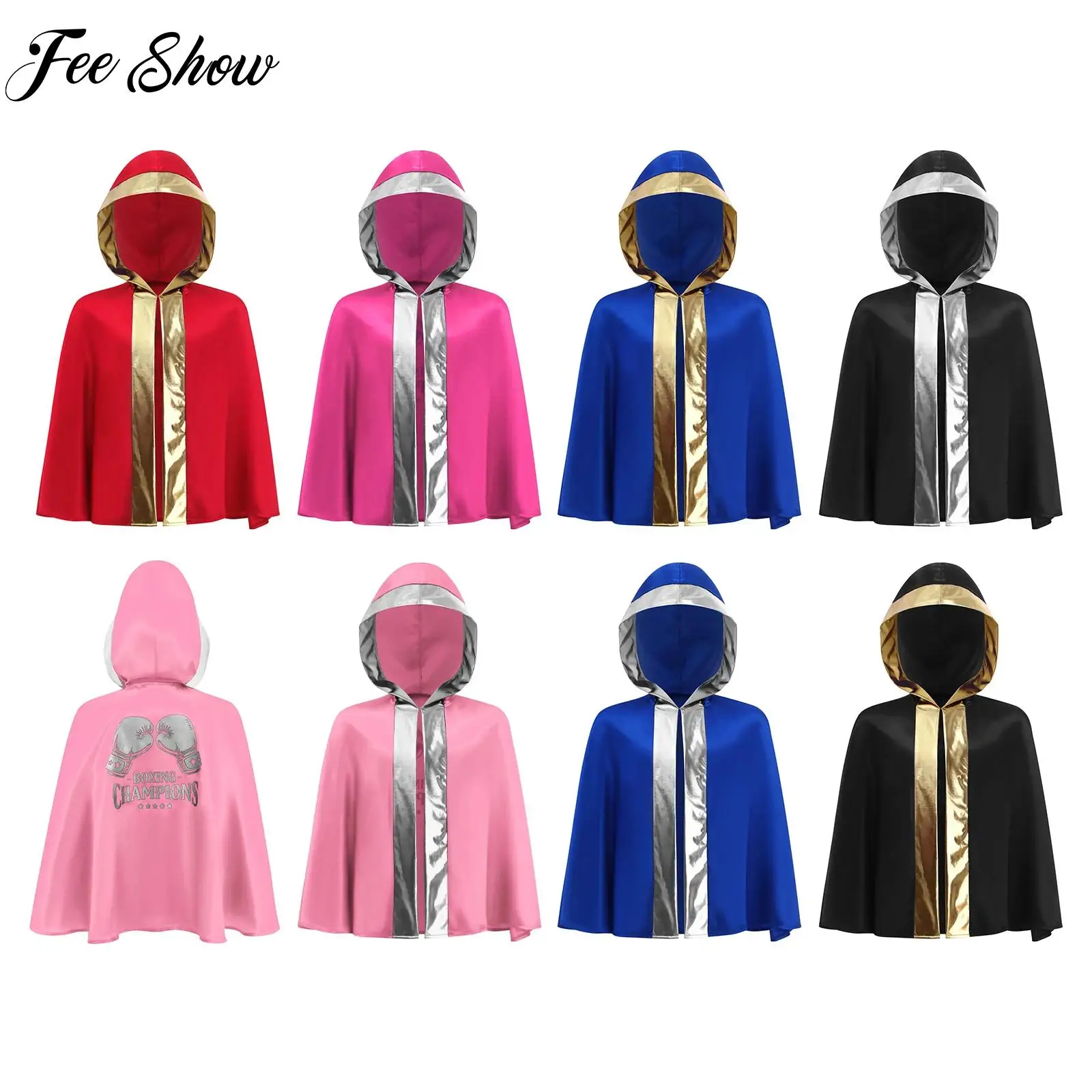 

Boys Girls Boxing Cloak Kid Muay Thai Martial Arts Costume Open Front Metallic Trim Back Hooded Boxer Robe for Halloween Cosplay