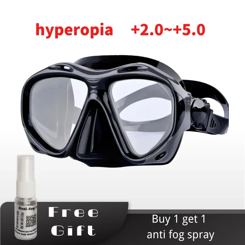 +2.0 to +5.0 Hyperopia Diving Mask  Farsighted   with Tempered Glass Lenses, Gear for Men Women,  Antifog Spray