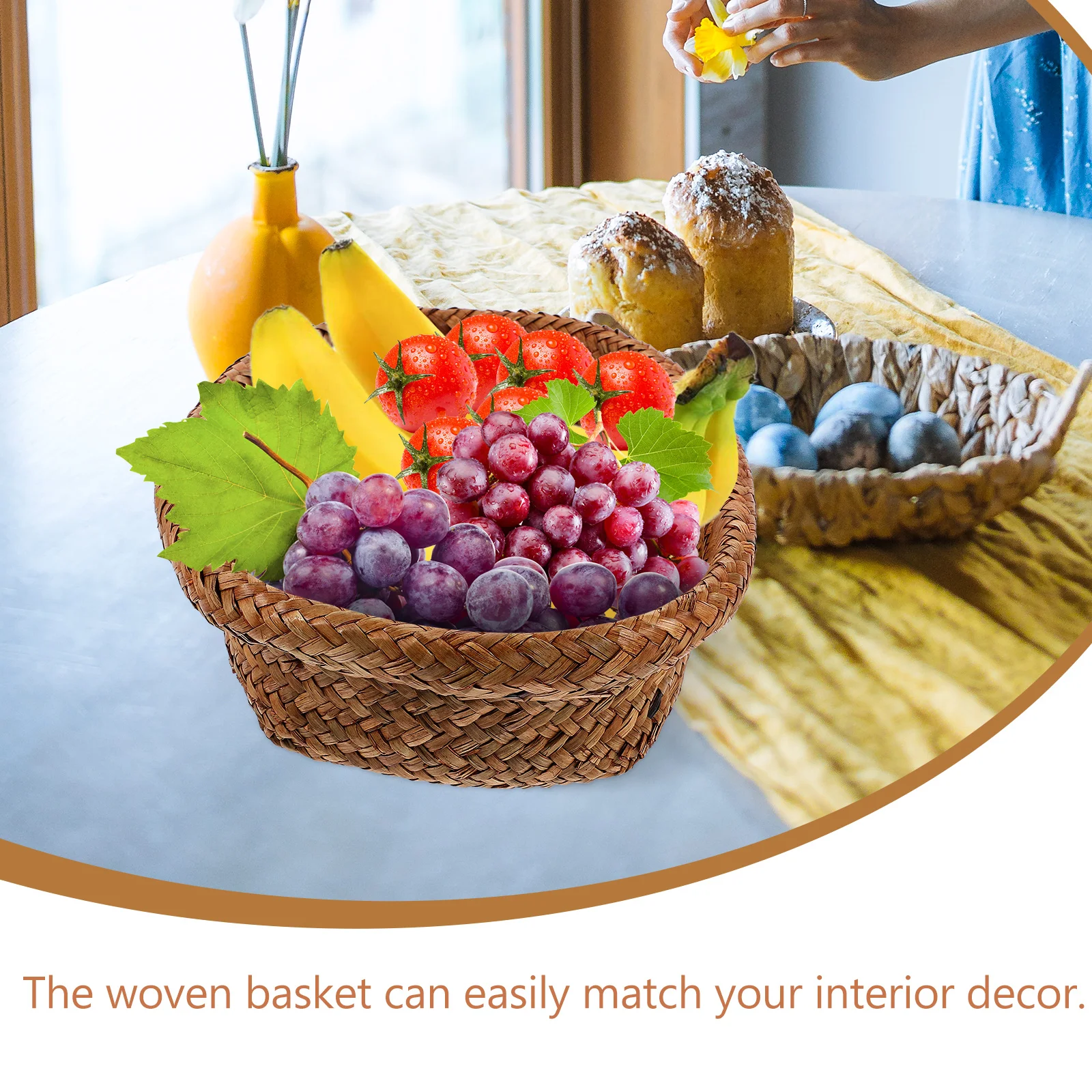

1pc Storage Bins Containers Straw Baskets Small Portable Woven Basket Bread Kitchen Fruit Woven Storage Basket Trays