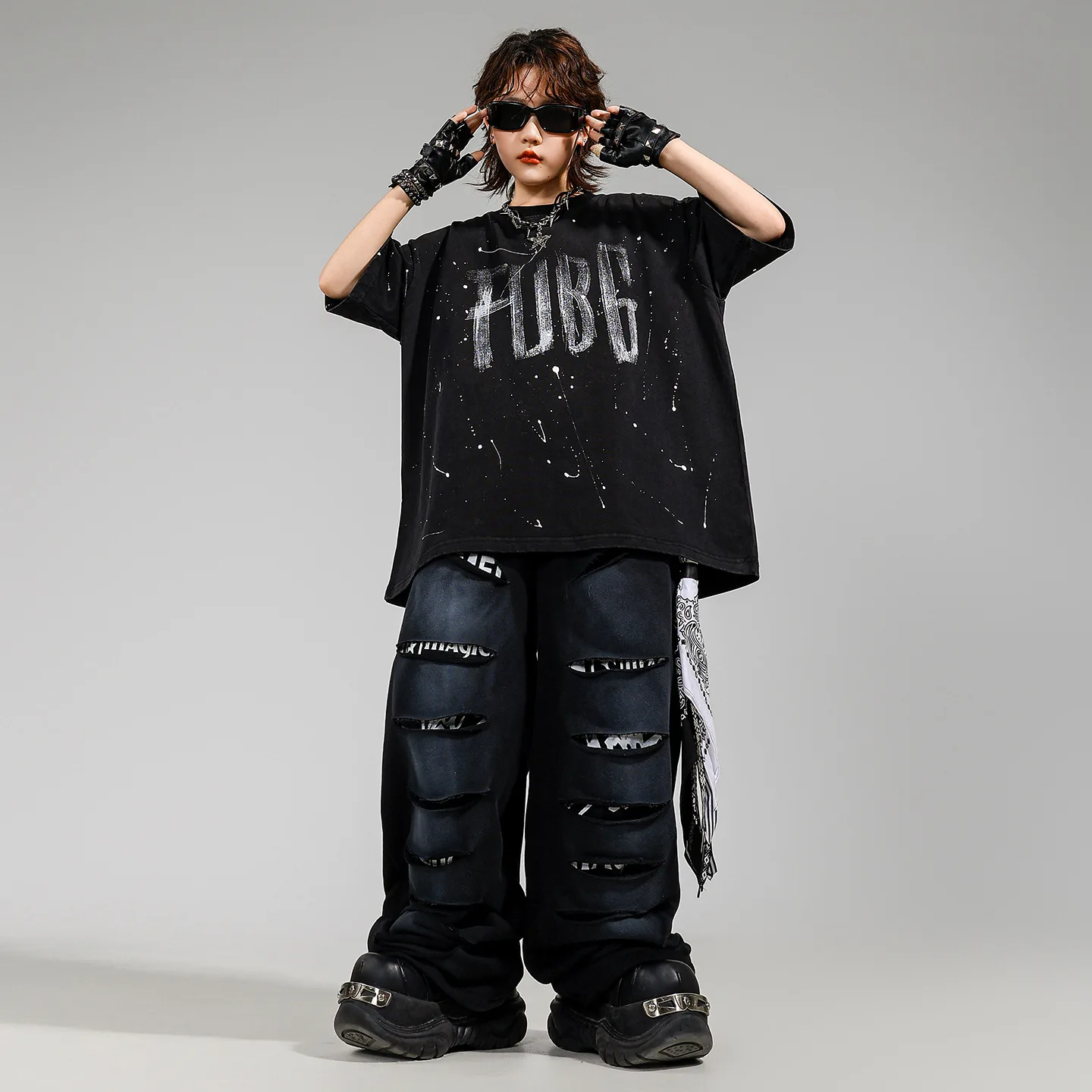 

Kid Kpop Hip Hop Clothing Black Print Letters T Shirt Top Casual Wide Distressed Ripped Pants for Girl Boy Dance Costume Clothes
