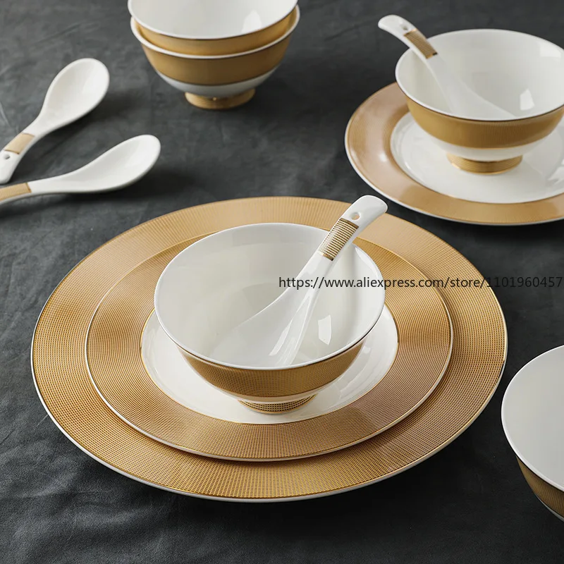 

Gold-rimmed Dinnerware Set Bone China Luxury Hotel Restaurant Ceramics Home Dinner Bowls & Plates New Arrival Housewarming Gift