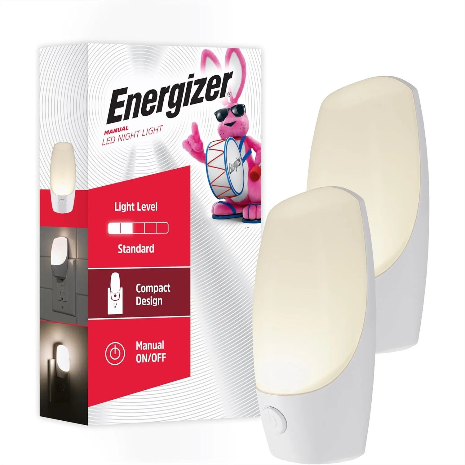 

Manual Push Button LED Night Light Plug-in, Compact Gloss White, for Bedroom Hallway Bathroom Nursery, 2 Pack