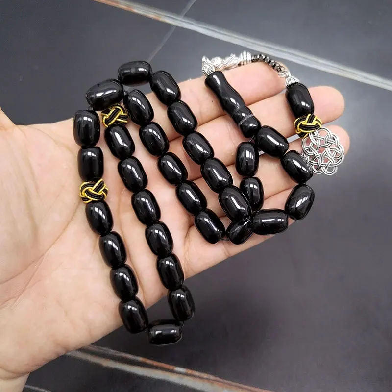 Tasbih natural black agate stone Barrel shape bracelet Handmade Trabizon misbaha Muslim ADHA gift turkish design prayer beads