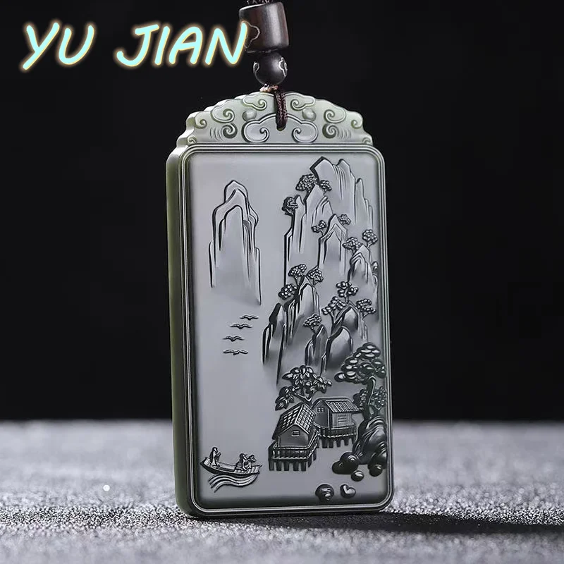 أحدث الطبيعية Hetian الأزرق اليشم نحت المشهد قلادة الزمرد غرامة مجوهرات مع سلسلة قلادة غرامة المصوغات #2