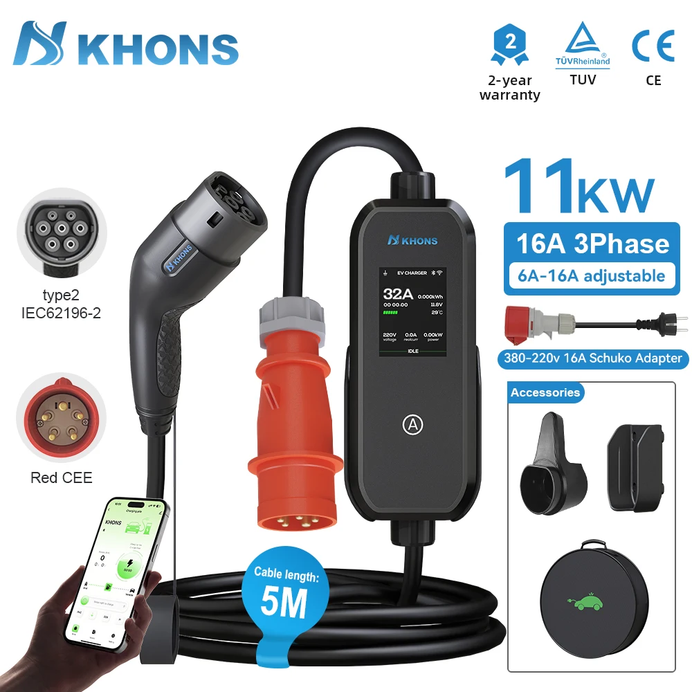 Khons Type2 11KW 16A 3-Phase Portable EVSE EV Charger APP Control