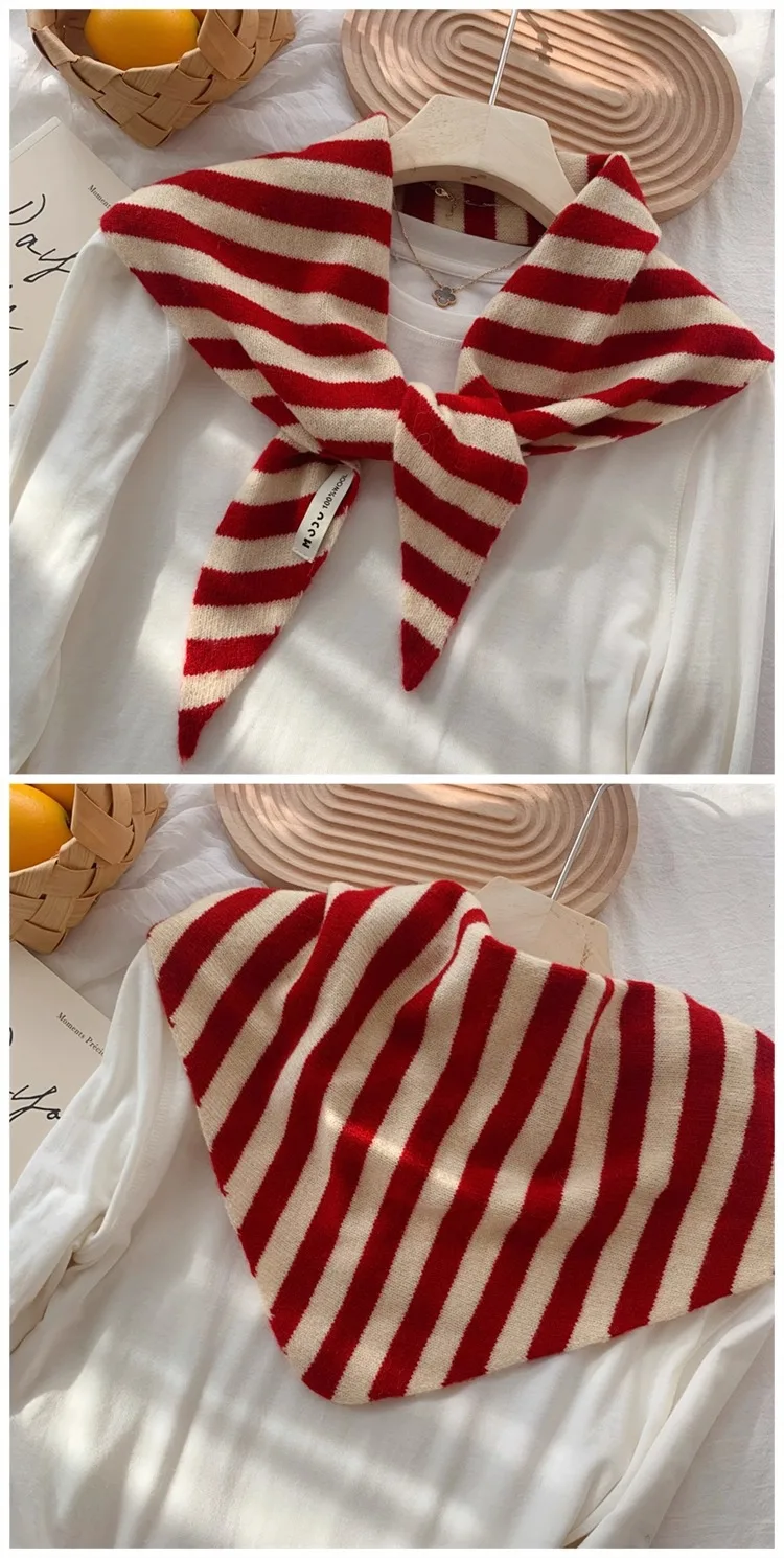 Koreanischer Streifen-Dreiecksschal aus 100 % Wolle, dreieckiger Schal für Männer und Frauen, britisches Nischen-Kopftuch, gestrickt, multifunktionaler warmer Schal – Detail 5