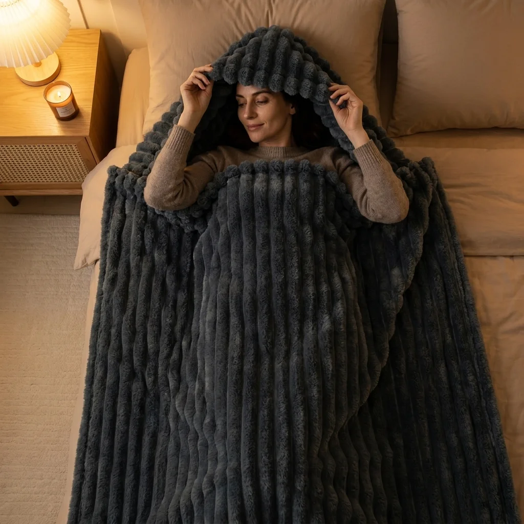 Warm & Comfortable Striped Flannel Faux Rabbit Fur Blanket – Soft and Warm Sofa Throw, Ideal for Napping, Office Use, All Season Cozy