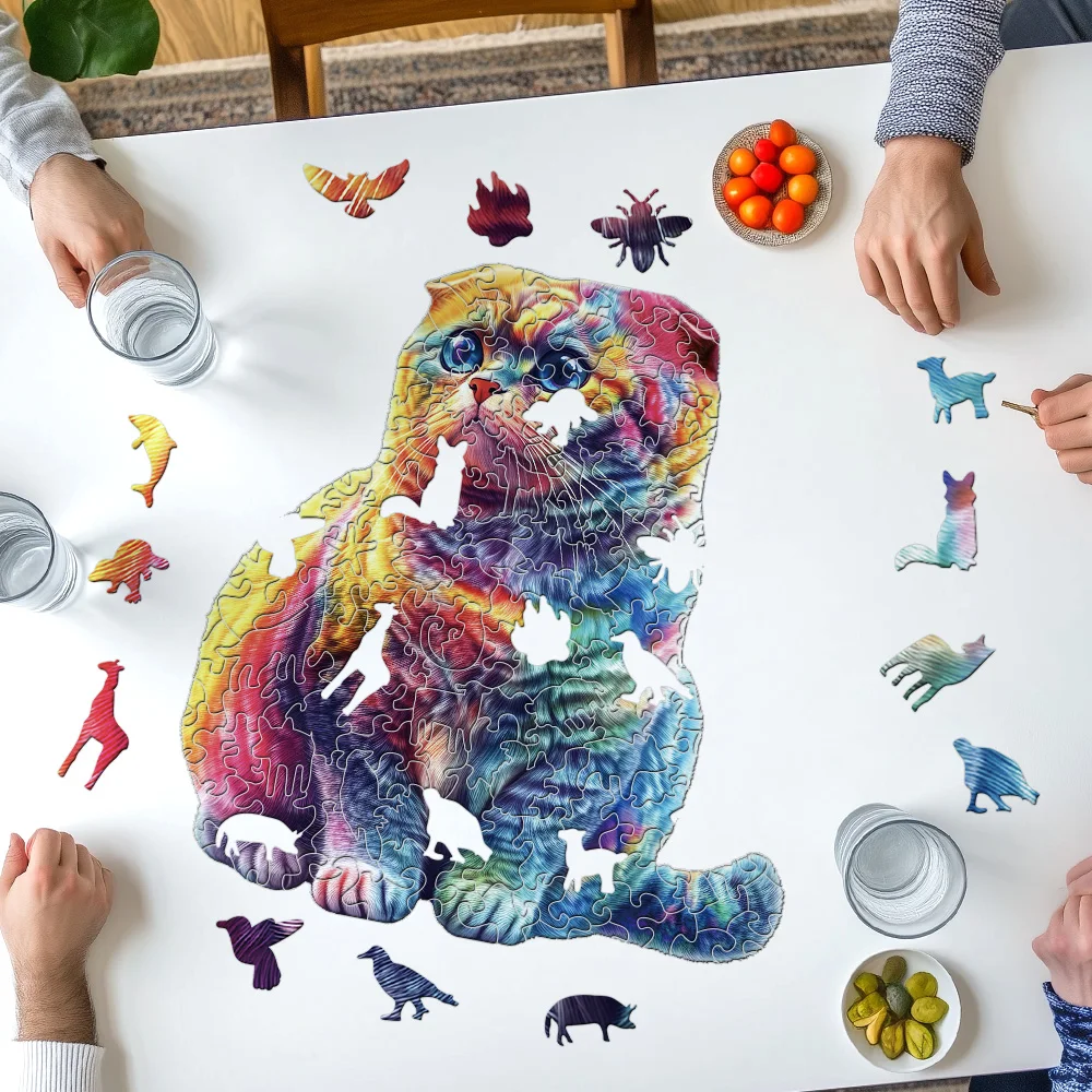 성인용 나무 퍼즐 - 다채로운 고양이 퍼즐 장난감 게임 - 독특한 동물 모양의 나무 퍼즐 - 퍼즐 애호가를 위한 창의적인 퍼즐 선물