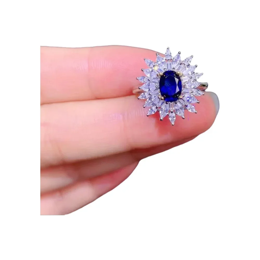 

KJJEAXCMY-925 Sterling Silver Adjustable Ring Set with Natural Gemstone, Flower, Sapphire, Fine Jewelry, Classic Fashion