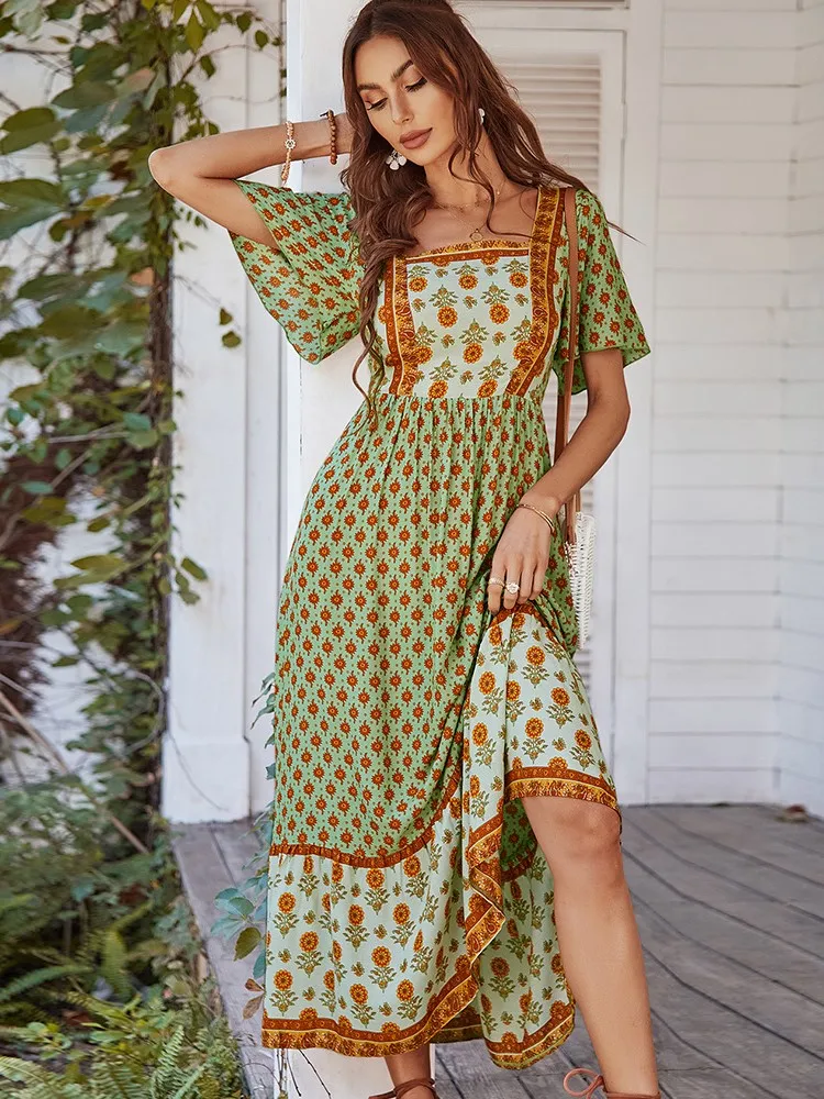 فستان نسائي بأكمام قصيرة مطبوع على الموضة فستان صيفي برقبة مربعة فساتين متوسطة الطول Y2k للسيدات أنيقة بألوان متطابقة