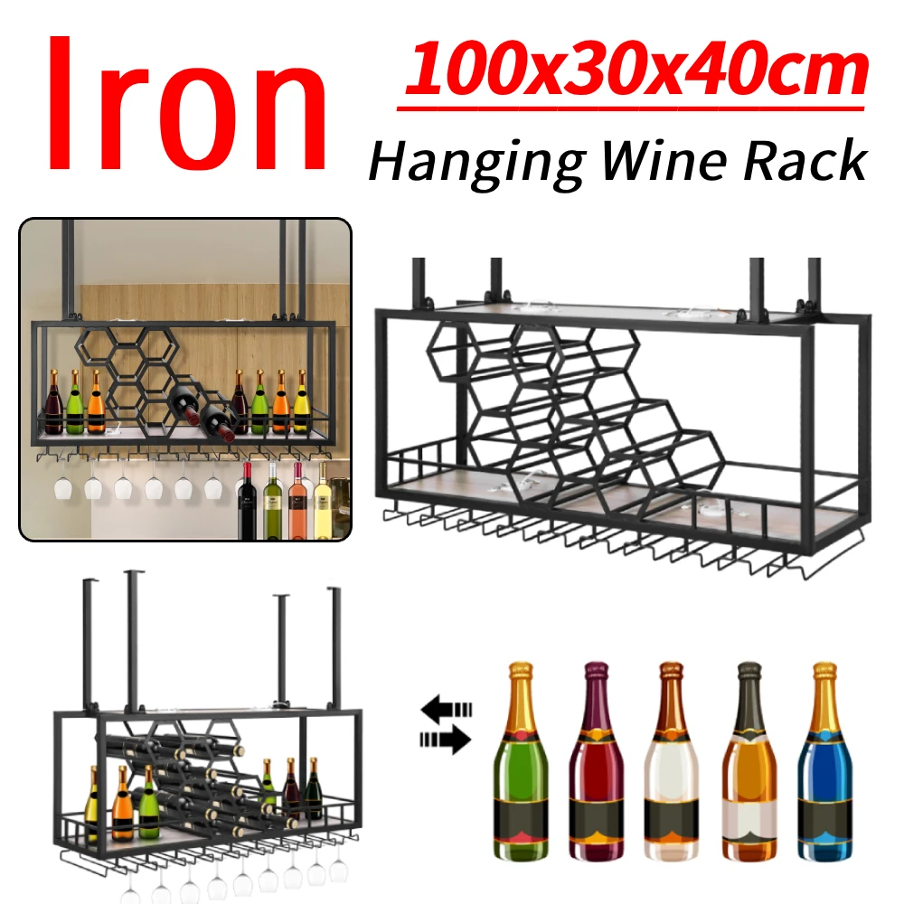 

Black Metal Hanging Wine Rack 100x30x40cm Wrought Iron with 2 Layers Partitions and Honeycomb Shaped Bottle Storage Holder
