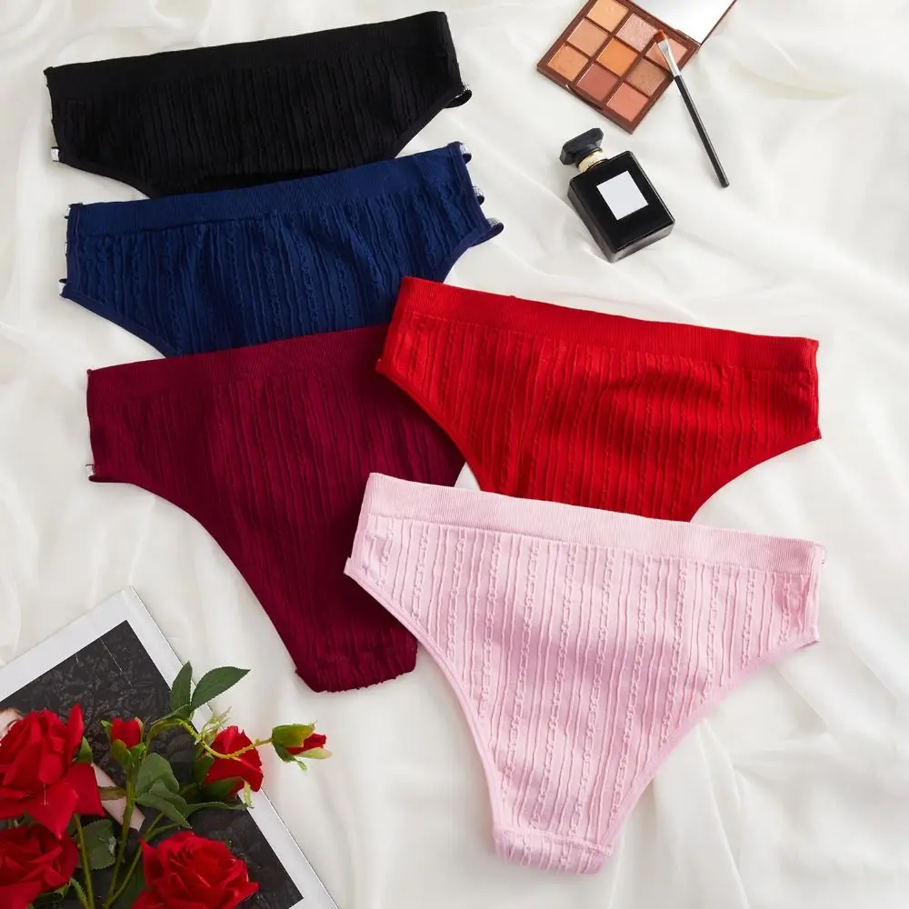 

Soft Mid-waist Silver Thin Belt Panties Cotton Crotch Stripe Hollow Out Thong Solid Color Underpants Women's Briefs Girl
