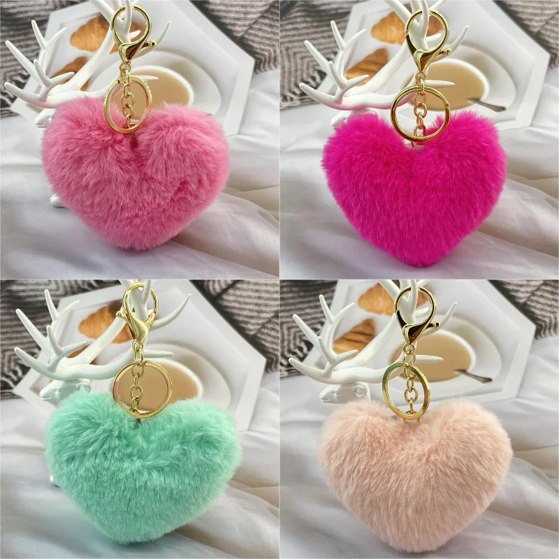 Pompom coração chaveiro para mulheres senhora saco encantos de pelúcia colorido pêssego coração pingente chaveiro saco decoração presente chaveiros de pelúcia