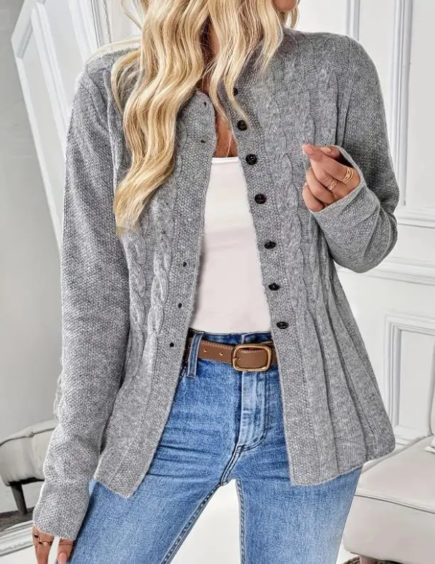 

2025 Women's Single Breasted Casual Long Sleeved Knitted Cardigan Autumn and Winter Round Neck Warm Jacket Sweater for Women