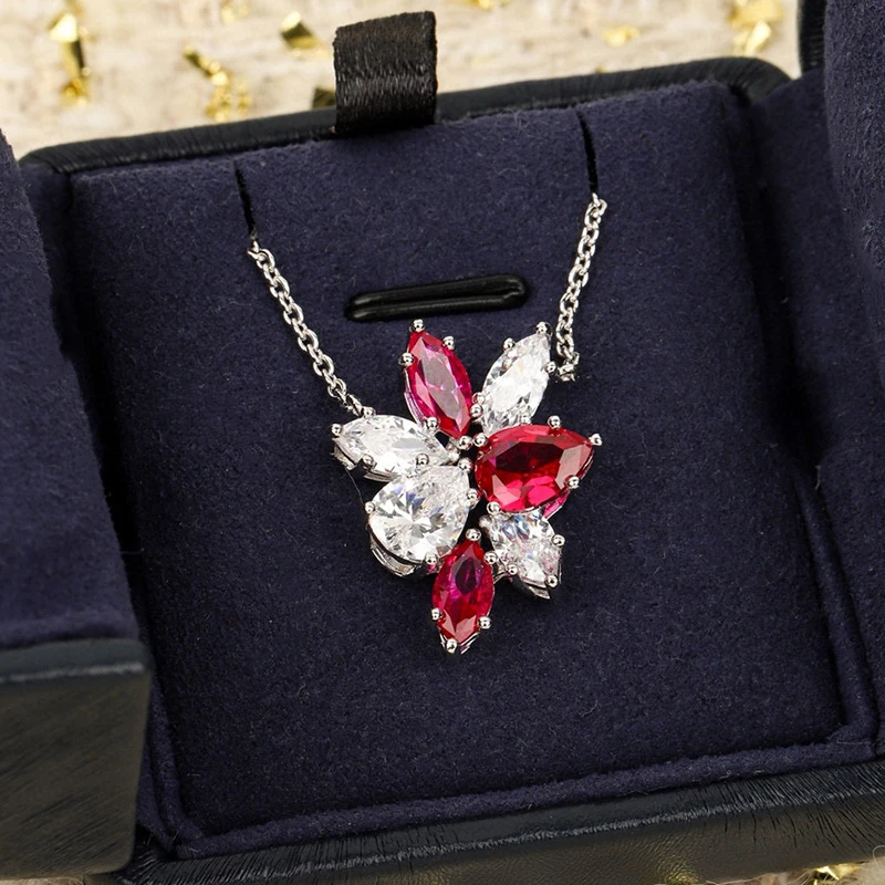 

Brand Pure 925 Sterling Silver Jewelry For Women Red Lotus Flower Necklace Pendant Luck Clover Sakura Wedding Brooch Pendant