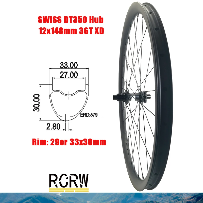 

29er MTB AM 33x30mm Rear Wheelset Carbon Rim 28 Hole Asymmetric Tubeless 33 Wide 30 Deep SWISS DT350 Boost XD 36T Hub MS Shiman