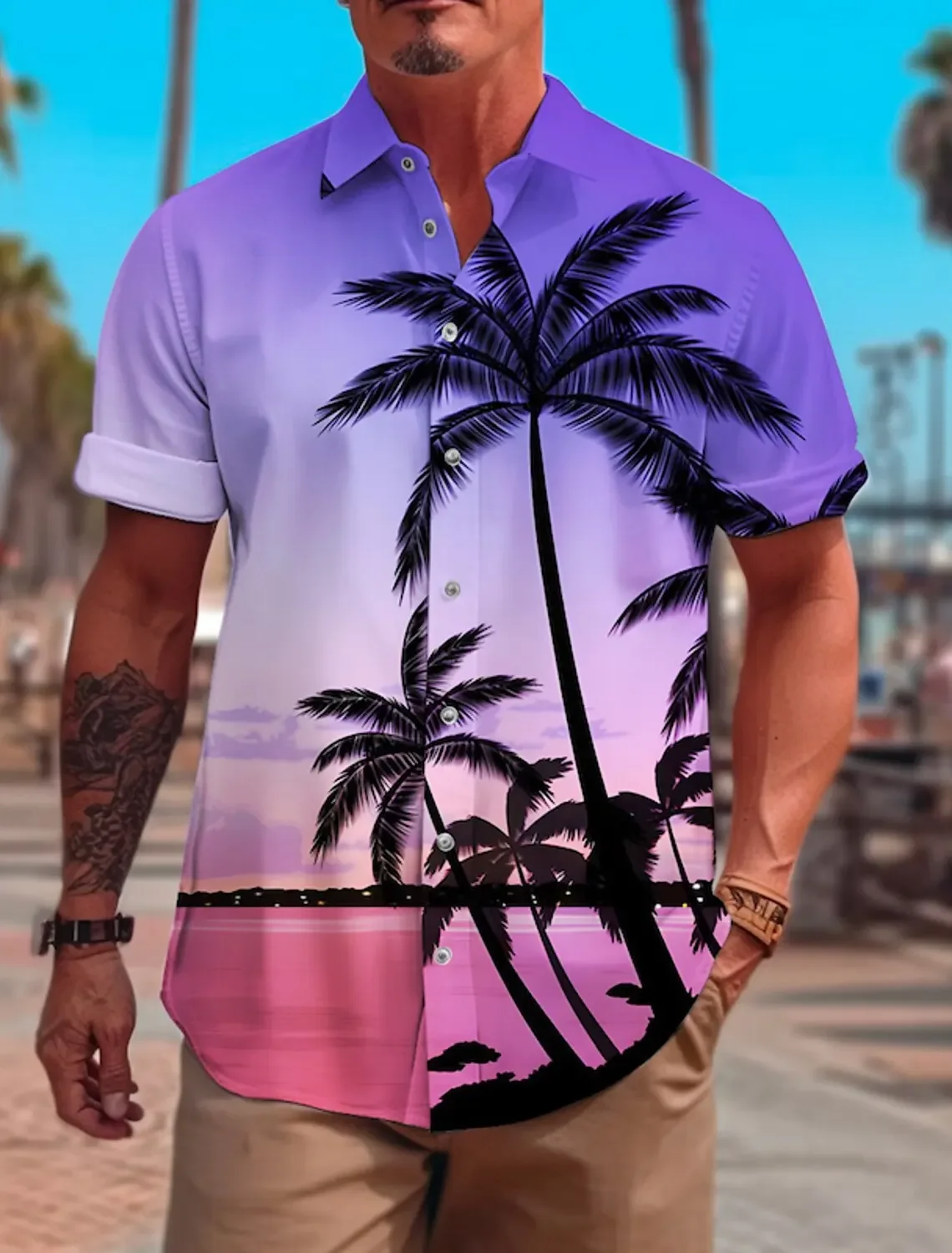 Camisa hawaiana con estampado de árbol de Coco para hombre, camisa de manga corta con botones, palmera de calle, púrpura, playa, moda de verano