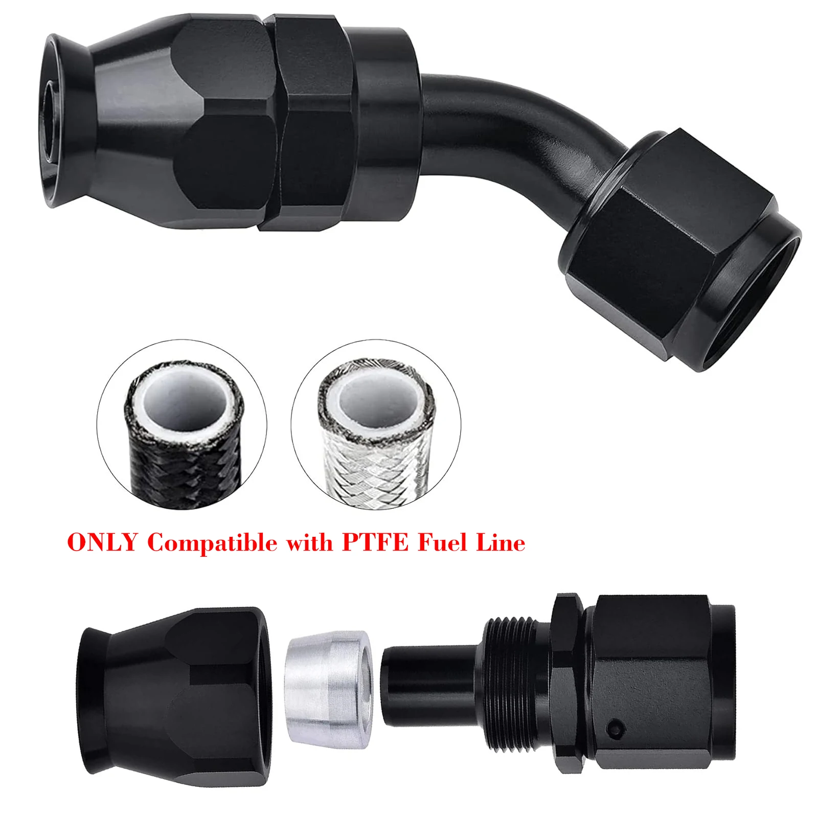 AN3 AN4 AN6 AN8 AN10 AN12 AN16 AN20 E85-PTFE Fuel Swivel Hose End Fitting Aluminum Accessories Adaptor 0/45/90/180Degree Black