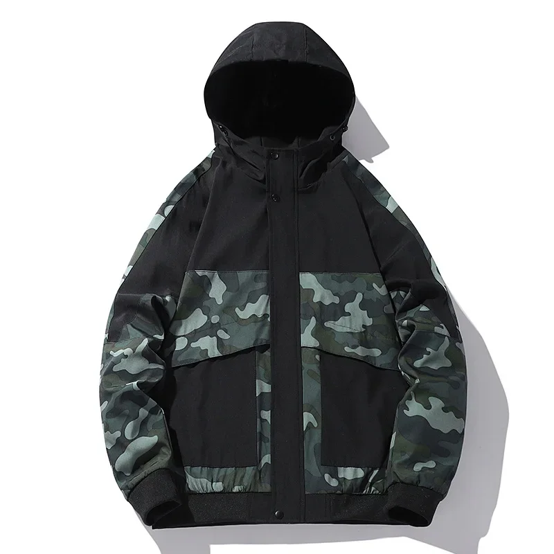 

2024 New Men's Coat Camouflage Hoodie Large Loose Trendy Brand Hong Kong Style Jacket for Boys Spring and Autumn Trendy Students