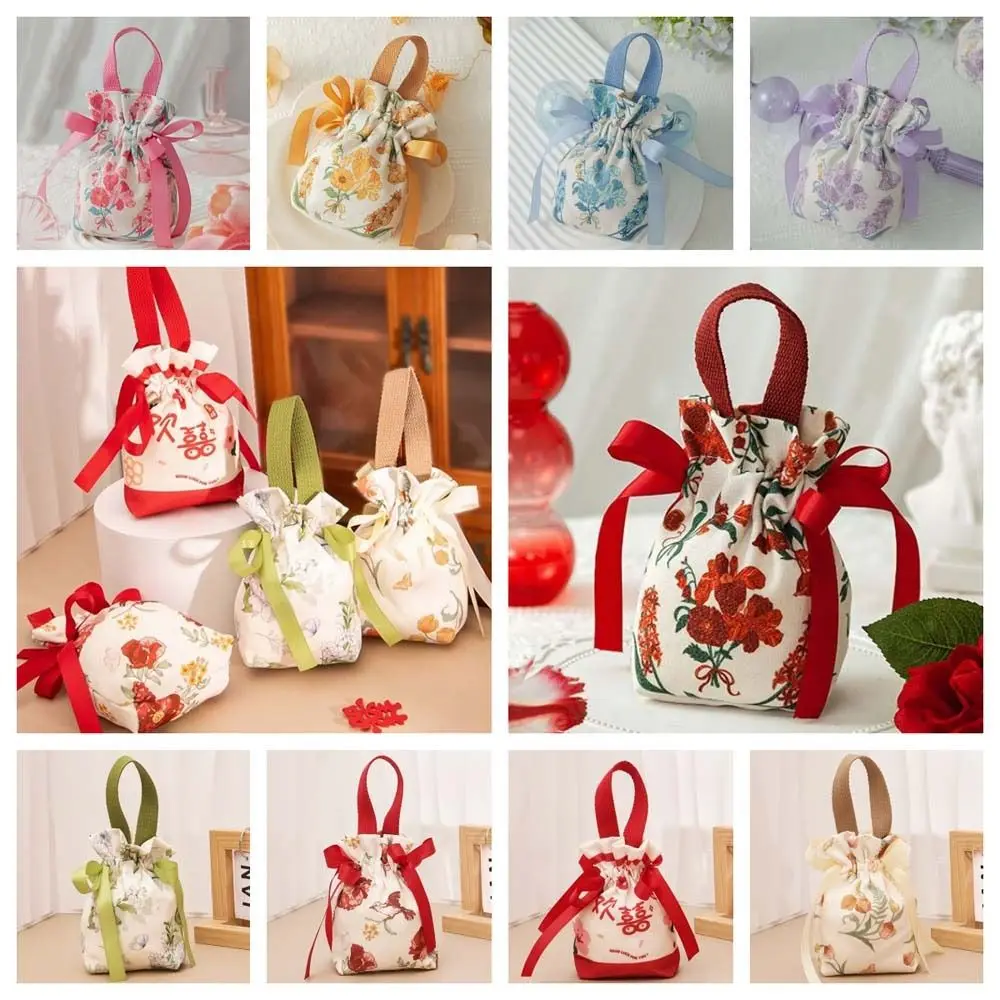 Saco de cordão de lona de grande capacidade Saco de açúcar festivo floral Saco de doces de casamento Saco de balde feminino Bolsa Bowknot Meninas