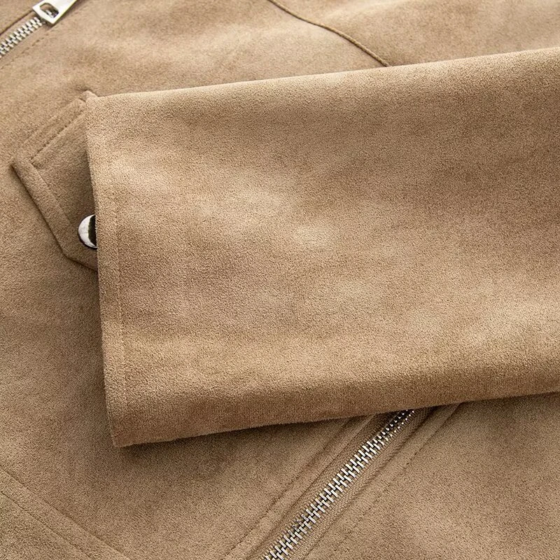 KEYANKETIAN Autumn and winter new women's clothing lapel metal buckle decoration diagonal zipper suede motorcycle jacket women