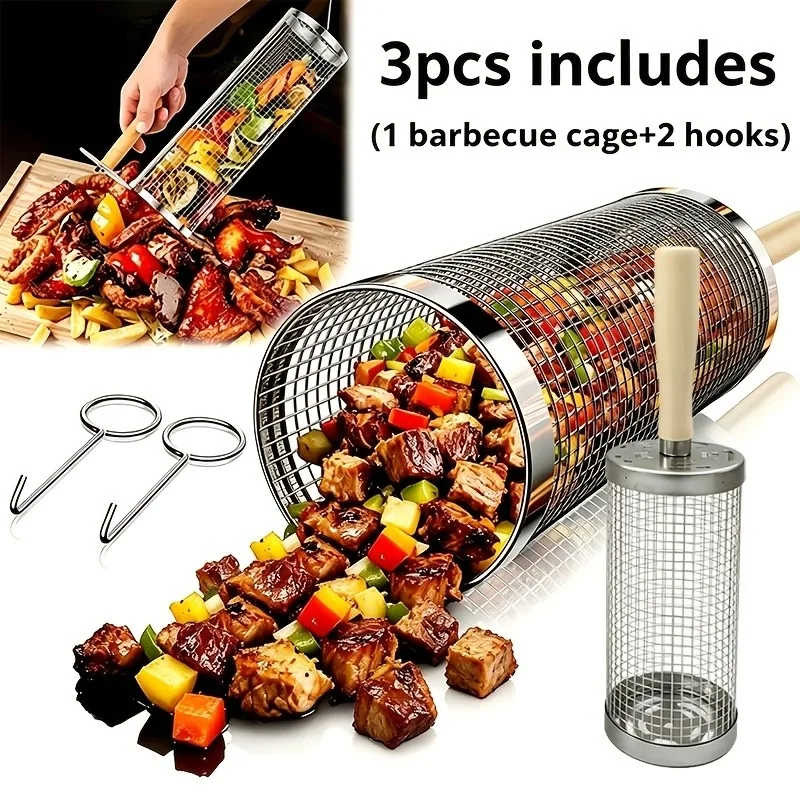 3-piece (1 BBQ grill + 2 hooks), with handle, stainless steel portable BBQ grill, BBQ tool set, stainless steel BBQ basket