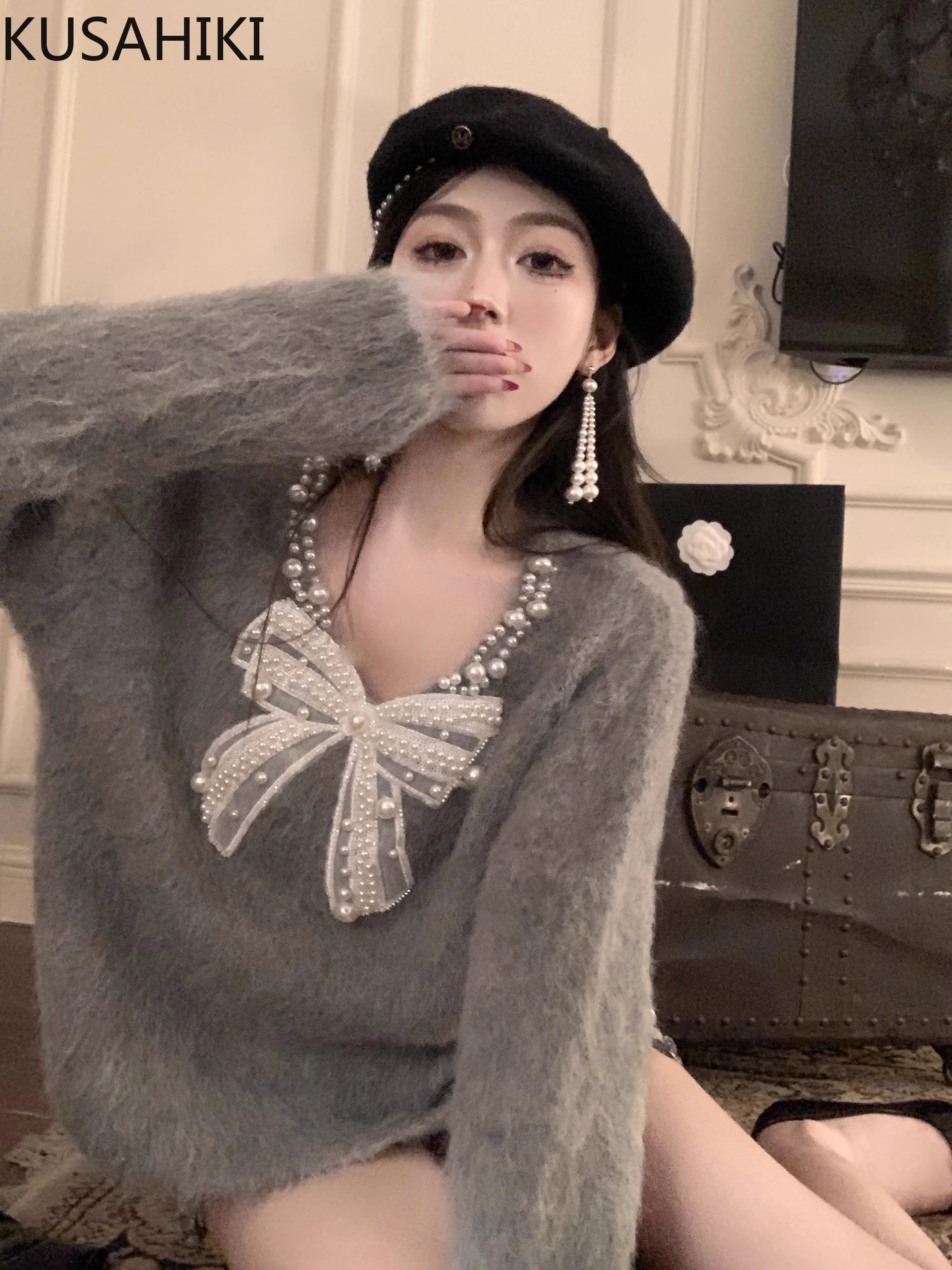 KUSAHIKI Beads Bowknot Faux Mink Cashmere V-neck Sweater Women Autumn Winter Long Sleeve Pullover Korean Knitwear Tops