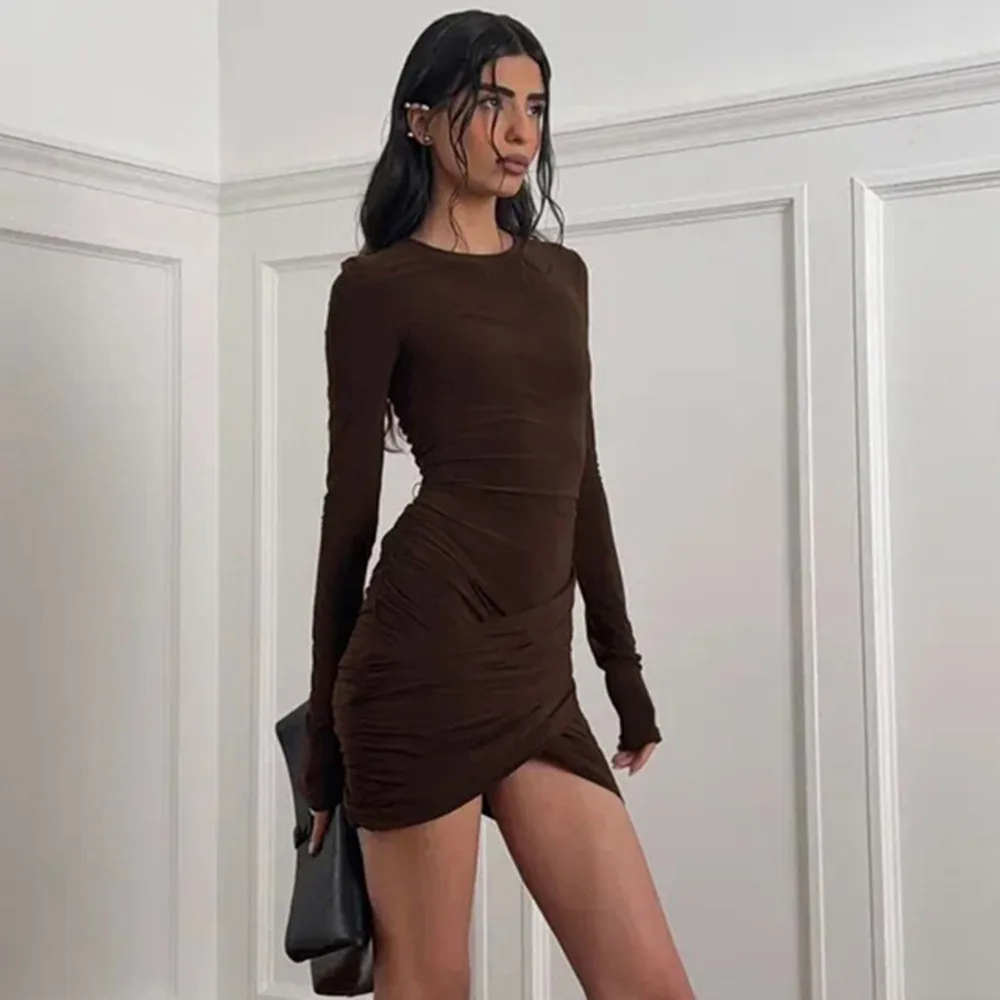 Blifanbo elegante sexy drapeado cruz bodycon mini vestido feminino ruched outono inverno manga longa o pescoço cintura alta clube vestido de festa