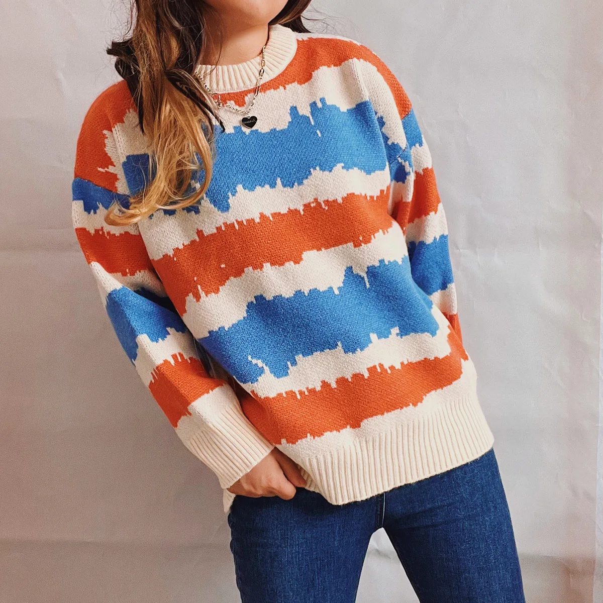 2022 New Fall Winter Irregular Wave Sweater Women O-neck Long Sleeve Loose Pullover Knitwear