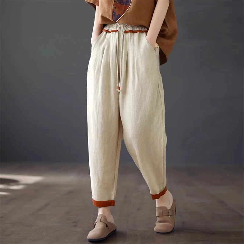 Women Vintage Contrast Color Cotton Linen Harem Pants Y2K 2024 Summer Female High Waist Loose Pockets Trousers Casual Pantalones