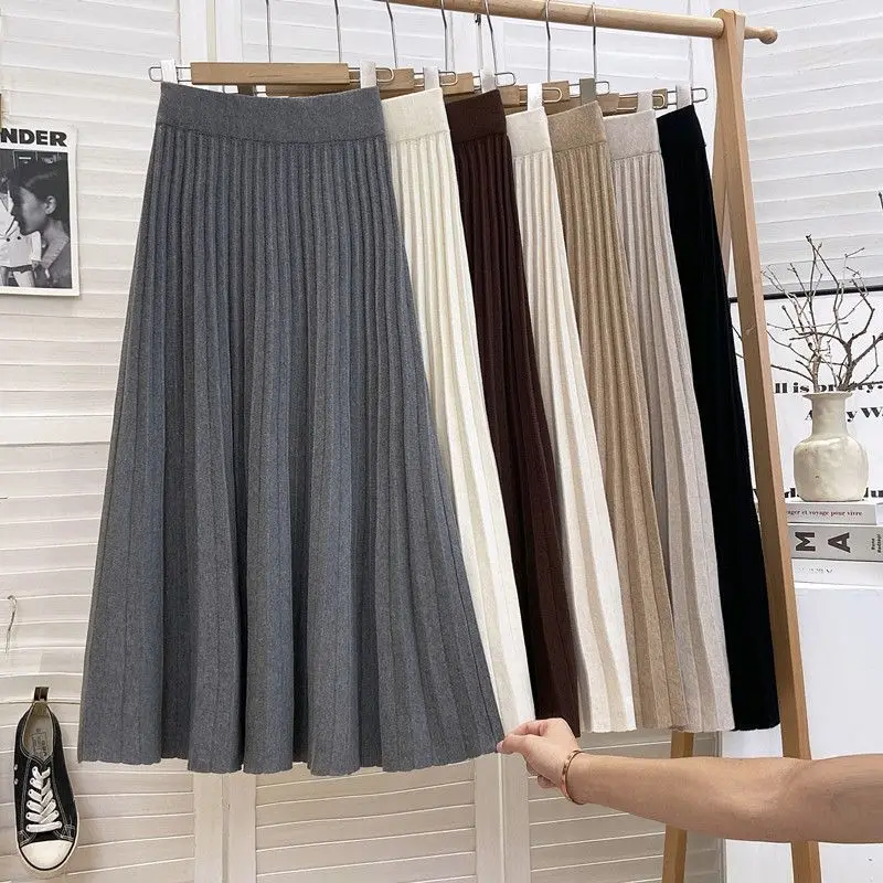 ارتفاع الخصر ألف خط محبوك تنورة صغيرة المرأة الخريف الشتاء فضفاض التخسيس ميدي تنورة الطابق طول تغطي الورك نمط أنيق #3