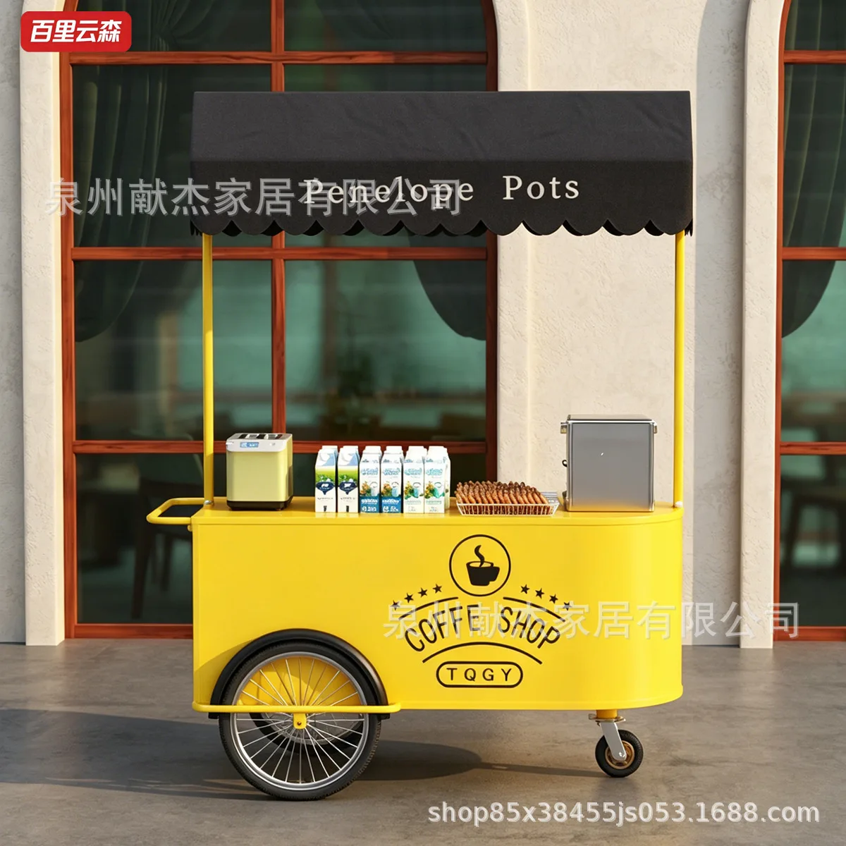 Wrought Iron Mobile Vending Cart, Multifunctional Snack Food Cart, Outdoor Promotional Display Cart for Mall Street Market