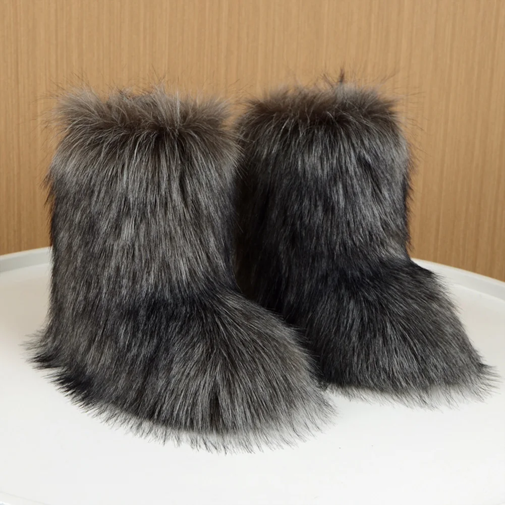 Women Furry Boots Round Toe Faux Fur Boots Warm Comfortable Mid-Calf Boots Winter Boots Outdoor Flat Shoes