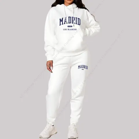 New Ladies TrackSuit Autumn Winter Hoodies Sweatshirts Sweatpants 2 Piece Outfits Madrid Print Trend Sportwear Women Pants Sets